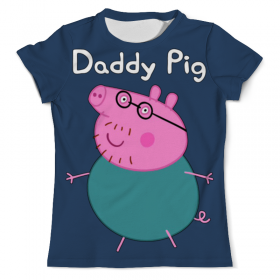 full_print_tee с принтом Daddy Pig в Тюмени, Футболка с нанесением полноцветного изображения по всей поверхности может быть выполнена в двух вариантах - ХЛОПОК и СИНТЕТИКА. | Хлопок - ткань из 100% хлопка высшего качества пенье.  <br>Синтетика - ткань с высоким содержанием синтетического волокна (до 80%).  Материал хорошо тянется, имеет приятную на ощупь фактуру | 