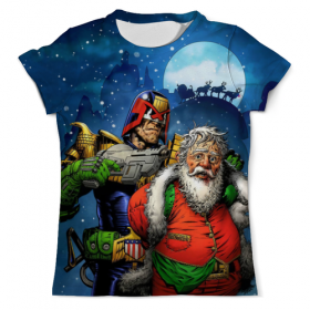 full_print_tee с принтом Judge Dredd Vs Father Xmas в Тюмени, Футболка с нанесением полноцветного изображения по всей поверхности может быть выполнена в двух вариантах - ХЛОПОК и СИНТЕТИКА. | Хлопок - ткань из 100% хлопка высшего качества пенье.  <br>Синтетика - ткань с высоким содержанием синтетического волокна (до 80%).  Материал хорошо тянется, имеет приятную на ощупь фактуру | Тематика изображения на принте: 