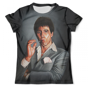 full_print_tee с принтом Tony Montana - Scarface в Тюмени, Футболка с нанесением полноцветного изображения по всей поверхности может быть выполнена в двух вариантах - ХЛОПОК и СИНТЕТИКА. | Хлопок - ткань из 100% хлопка высшего качества пенье.  <br>Синтетика - ткань с высоким содержанием синтетического волокна (до 80%).  Материал хорошо тянется, имеет приятную на ощупь фактуру | Тематика изображения на принте: 