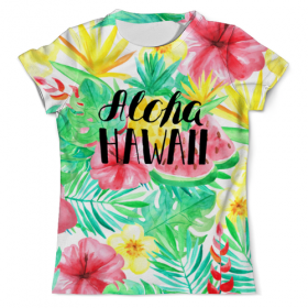 full_print_tee с принтом Aloha Hawaii в Тюмени, Футболка с нанесением полноцветного изображения по всей поверхности может быть выполнена в двух вариантах - ХЛОПОК и СИНТЕТИКА. | Хлопок - ткань из 100% хлопка высшего качества пенье.  <br>Синтетика - ткань с высоким содержанием синтетического волокна (до 80%).  Материал хорошо тянется, имеет приятную на ощупь фактуру | 