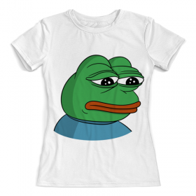 full_print_woman_tee с принтом Pepe the frog в Тюмени, Футболка с нанесением полноцветного изображения по всей поверхности может быть выполнена в двух вариантах - ХЛОПОК и СИНТЕТИКА. | Хлопок - ткань из 100% хлопка высшего качества пенье.  <br>Синтетика - ткань с высоким содержанием синтетического волокна (до 80%).  Материал хорошо тянется, имеет приятную на ощупь фактуру | Тематика изображения на принте: 