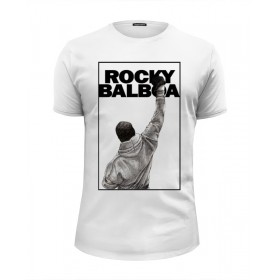 Мужская футболка Premium с принтом Rocky Balboa в Тюмени, Белый, черный, серый меланж, голубой: 100% хлопок, плотность 160 гр. Остальные цвета: 92% хлопок, 8% лайкра, плотность 170-180гр. |  | 
