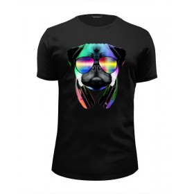 Мужская футболка Premium с принтом DJ Мопс в Тюмени, Белый, черный, серый меланж, голубой: 100% хлопок, плотность 160 гр. Остальные цвета: 92% хлопок, 8% лайкра, плотность 170-180гр. |  | 