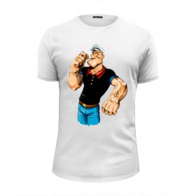 Мужская футболка Premium с принтом Попай/Popeye в Тюмени, Белый, черный, серый меланж, голубой: 100% хлопок, плотность 160 гр. Остальные цвета: 92% хлопок, 8% лайкра, плотность 170-180гр. |  | 