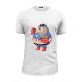 Мужская футболка Premium с принтом Fat Captain America в Тюмени, Белый, черный, серый меланж, голубой: 100% хлопок, плотность 160 гр. Остальные цвета: 92% хлопок, 8% лайкра, плотность 170-180гр. |  | 