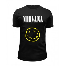 Мужская футболка Premium с принтом Nirvana в Тюмени, Белый, черный, серый меланж, голубой: 100% хлопок, плотность 160 гр. Остальные цвета: 92% хлопок, 8% лайкра, плотность 170-180гр. |  | 