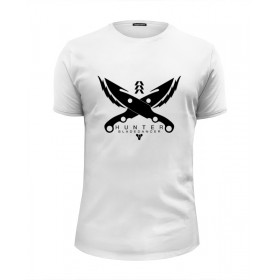 Мужская футболка Premium с принтом Hunter (Destiny) в Тюмени, Белый, черный, серый меланж, голубой: 100% хлопок, плотность 160 гр. Остальные цвета: 92% хлопок, 8% лайкра, плотность 170-180гр. |  | 