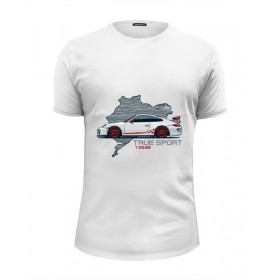 Мужская футболка Premium с принтом Porsche 911 GT3 RS в Тюмени, Белый, черный, серый меланж, голубой: 100% хлопок, плотность 160 гр. Остальные цвета: 92% хлопок, 8% лайкра, плотность 170-180гр. |  | 