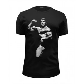 Мужская футболка Premium с принтом Schwarzenegger в Тюмени, Белый, черный, серый меланж, голубой: 100% хлопок, плотность 160 гр. Остальные цвета: 92% хлопок, 8% лайкра, плотность 170-180гр. |  | 