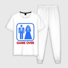 Мужская пижама хлопок с принтом Game over в Тюмени, 100% хлопок | брюки и футболка прямого кроя, без карманов, на брюках мягкая резинка на поясе и по низу штанин
 | Тематика изображения на принте: game over | жених | игра закончена | невеста