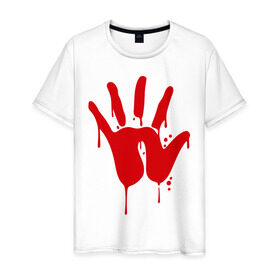 Мужская футболка хлопок с принтом Рука в Тюмени, 100% хлопок | прямой крой, круглый вырез горловины, длина до линии бедер, слегка спущенное плечо. | кисть | кровь | ладонь | отпечаток | пальцы | рука