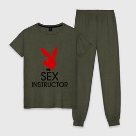 Женская пижама хлопок с принтом Sex Instructor в Тюмени, 100% хлопок | брюки и футболка прямого кроя, без карманов, на брюках мягкая резинка на поясе и по низу штанин | инструктор