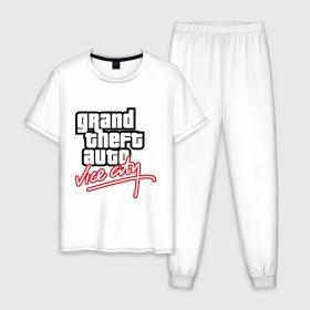 Мужская пижама хлопок с принтом GTA Vice City в Тюмени, 100% хлопок | брюки и футболка прямого кроя, без карманов, на брюках мягкая резинка на поясе и по низу штанин
 | auto | grand | thaft | гта | игра | компьютерная