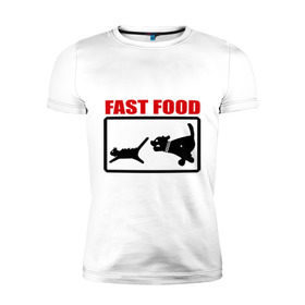 Мужская футболка премиум с принтом Fast food в Тюмени, 92% хлопок, 8% лайкра | приталенный силуэт, круглый вырез ворота, длина до линии бедра, короткий рукав | fast food | fastfood | быстра еда | коты | кошка | песики | собака