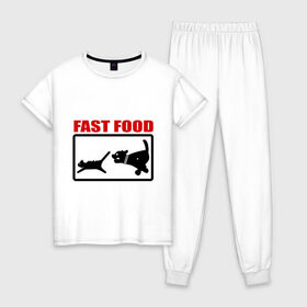Женская пижама хлопок с принтом Fast food в Тюмени, 100% хлопок | брюки и футболка прямого кроя, без карманов, на брюках мягкая резинка на поясе и по низу штанин | Тематика изображения на принте: fast food | fastfood | быстра еда | коты | кошка | песики | собака