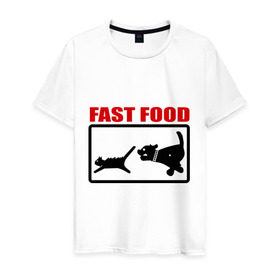 Мужская футболка хлопок с принтом Fast food в Тюмени, 100% хлопок | прямой крой, круглый вырез горловины, длина до линии бедер, слегка спущенное плечо. | Тематика изображения на принте: fast food | fastfood | быстра еда | коты | кошка | песики | собака