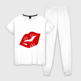 Женская пижама хлопок с принтом Губы в Тюмени, 100% хлопок | брюки и футболка прямого кроя, без карманов, на брюках мягкая резинка на поясе и по низу штанин | kiss | lips | губы | помада | поцелуй