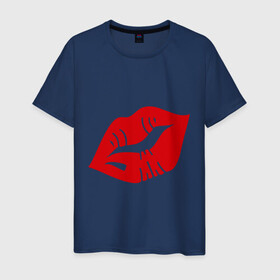 Мужская футболка хлопок с принтом Губы в Тюмени, 100% хлопок | прямой крой, круглый вырез горловины, длина до линии бедер, слегка спущенное плечо. | kiss | lips | губы | помада | поцелуй