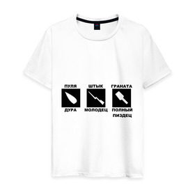 Мужская футболка хлопок с принтом Пуля Штык Граната в Тюмени, 100% хлопок | прямой крой, круглый вырез горловины, длина до линии бедер, слегка спущенное плечо. | граната | оружие | штук молодец
