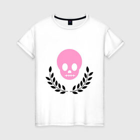 Женская футболка хлопок с принтом Память о умершем эмо в Тюмени, 100% хлопок | прямой крой, круглый вырез горловины, длина до линии бедер, слегка спущенное плечо | emo | лавры | розовый череп | субкультуры | череп | эмо | эмо череп