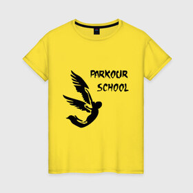 Женская футболка хлопок с принтом Parkour School в Тюмени, 100% хлопок | прямой крой, круглый вырез горловины, длина до линии бедер, слегка спущенное плечо | parkour | высотки | паркур | экстрим | ямакаси