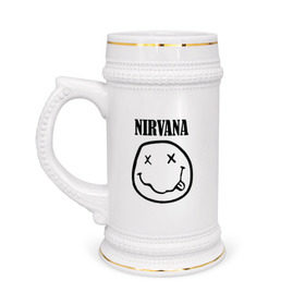 Кружка пивная с принтом Nirvana в Тюмени,  керамика (Материал выдерживает высокую температуру, стоит избегать резкого перепада температур) |  объем 630 мл | cobain | media | nirvana | rock | smells like teen spirit | toplanding | кобейн | нирвана | рок