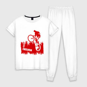 Женская пижама хлопок с принтом Велосипед в Тюмени, 100% хлопок | брюки и футболка прямого кроя, без карманов, на брюках мягкая резинка на поясе и по низу штанин | streeet | xtream | велик | вело | велосипед | стрит | экстрим