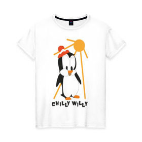 Женская футболка хлопок с принтом Chilly в Тюмени, 100% хлопок | прямой крой, круглый вырез горловины, длина до линии бедер, слегка спущенное плечо | пингвин
