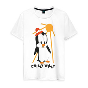 Мужская футболка хлопок с принтом Chilly в Тюмени, 100% хлопок | прямой крой, круглый вырез горловины, длина до линии бедер, слегка спущенное плечо. | Тематика изображения на принте: пингвин