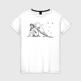 Женская футболка хлопок с принтом Задумчивый ангел в Тюмени, 100% хлопок | прямой крой, круглый вырез горловины, длина до линии бедер, слегка спущенное плечо | angel | ангел | девушкам | для девушек