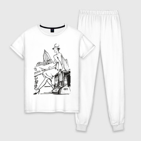 Женская пижама хлопок с принтом Ретро (2) в Тюмени, 100% хлопок | брюки и футболка прямого кроя, без карманов, на брюках мягкая резинка на поясе и по низу штанин | retro | девушка | ретро | рисунок