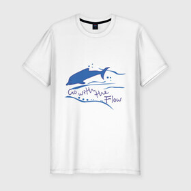 Мужская футболка премиум с принтом Go with the flow в Тюмени, 92% хлопок, 8% лайкра | приталенный силуэт, круглый вырез ворота, длина до линии бедра, короткий рукав | go with the flow | дельфин | животные | плывите по течению