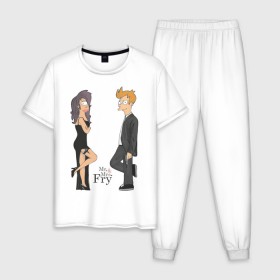 Мужская пижама хлопок с принтом Mr. & Mrs. Fry в Тюмени, 100% хлопок | брюки и футболка прямого кроя, без карманов, на брюках мягкая резинка на поясе и по низу штанин
 | bender | futurama | бендер | футурама