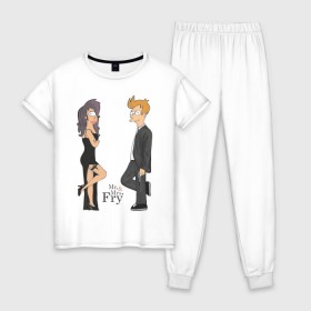 Женская пижама хлопок с принтом Mr. & Mrs. Fry в Тюмени, 100% хлопок | брюки и футболка прямого кроя, без карманов, на брюках мягкая резинка на поясе и по низу штанин | Тематика изображения на принте: bender | futurama | бендер | футурама
