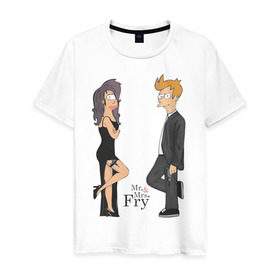 Мужская футболка хлопок с принтом Mr. & Mrs. Fry в Тюмени, 100% хлопок | прямой крой, круглый вырез горловины, длина до линии бедер, слегка спущенное плечо. | bender | futurama | бендер | футурама