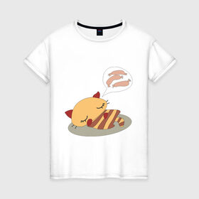 Женская футболка хлопок с принтом Мечты котика в Тюмени, 100% хлопок | прямой крой, круглый вырез горловины, длина до линии бедер, слегка спущенное плечо | 