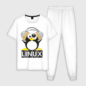 Мужская пижама хлопок с принтом Linux (6) в Тюмени, 100% хлопок | брюки и футболка прямого кроя, без карманов, на брюках мягкая резинка на поясе и по низу штанин
 | пингвин