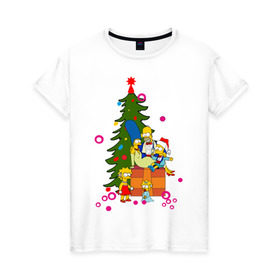 Женская футболка хлопок с принтом Новый год у симпсонов в Тюмени, 100% хлопок | прямой крой, круглый вырез горловины, длина до линии бедер, слегка спущенное плечо | 2012 | 2012 год | simpsons | год дракона | елка | елочка | новогодний | новый 2012 | новый год | подарки | симпсоны | симсоны