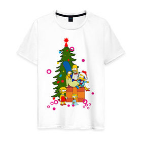 Мужская футболка хлопок с принтом Новый год у симпсонов в Тюмени, 100% хлопок | прямой крой, круглый вырез горловины, длина до линии бедер, слегка спущенное плечо. | 2012 | 2012 год | simpsons | год дракона | елка | елочка | новогодний | новый 2012 | новый год | подарки | симпсоны | симсоны