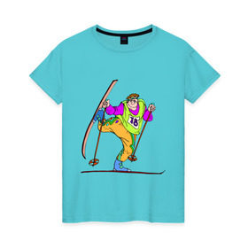 Женская футболка хлопок с принтом Лыжник (2) в Тюмени, 100% хлопок | прямой крой, круглый вырез горловины, длина до линии бедер, слегка спущенное плечо | беговые лыжи | гора | горные лыжи | для зимы | зимний спорт | лыжи | лыжник | трасса