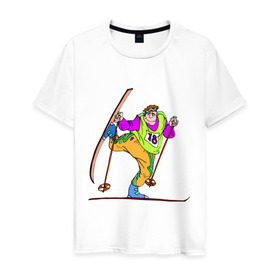 Мужская футболка хлопок с принтом Лыжник (2) в Тюмени, 100% хлопок | прямой крой, круглый вырез горловины, длина до линии бедер, слегка спущенное плечо. | беговые лыжи | гора | горные лыжи | для зимы | зимний спорт | лыжи | лыжник | трасса