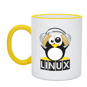 Кружка двухцветная с принтом Linux в Тюмени, керамика | объем — 330 мл, диаметр — 80 мм. Цветная ручка и кайма сверху, в некоторых цветах — вся внутренняя часть | пингвин