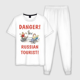 Мужская пижама хлопок с принтом Тройка в Тюмени, 100% хлопок | брюки и футболка прямого кроя, без карманов, на брюках мягкая резинка на поясе и по низу штанин
 | осторожно | русская тройка | тройка