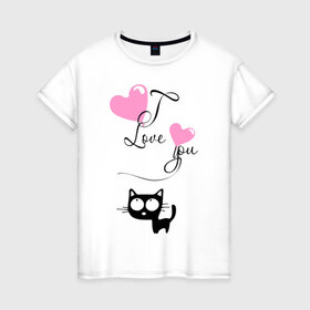 Женская футболка хлопок с принтом Любовь и кошка в Тюмени, 100% хлопок | прямой крой, круглый вырез горловины, длина до линии бедер, слегка спущенное плечо | Тематика изображения на принте: 