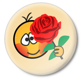 Значок с принтом Смайлик с розой в Тюмени,  металл | круглая форма, металлическая застежка в виде булавки | 