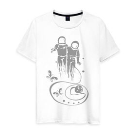 Мужская футболка хлопок с принтом Бабочки в космосе в Тюмени, 100% хлопок | прямой крой, круглый вырез горловины, длина до линии бедер, слегка спущенное плечо. | астранавты | бабочки в космосе | вакуум | космонавты | космос | открытый космос | скафандр