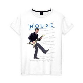 Женская футболка хлопок с принтом Доктор Хаус с гитарой в Тюмени, 100% хлопок | прямой крой, круглый вырез горловины, длина до линии бедер, слегка спущенное плечо | everybody lies | haus | house | все лгут | доктор | хауз | хаус | хью лори