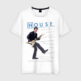 Мужская футболка хлопок с принтом Доктор Хаус с гитарой в Тюмени, 100% хлопок | прямой крой, круглый вырез горловины, длина до линии бедер, слегка спущенное плечо. | everybody lies | haus | house | все лгут | доктор | хауз | хаус | хью лори