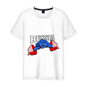 Мужская футболка хлопок с принтом RUSSIA PR в Тюмени, 100% хлопок | прямой крой, круглый вырез горловины, длина до линии бедер, слегка спущенное плечо. | Тематика изображения на принте: powerlifting