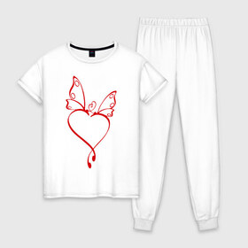 Женская пижама хлопок с принтом Бабочки в сердце в Тюмени, 100% хлопок | брюки и футболка прямого кроя, без карманов, на брюках мягкая резинка на поясе и по низу штанин | любовь | сердце